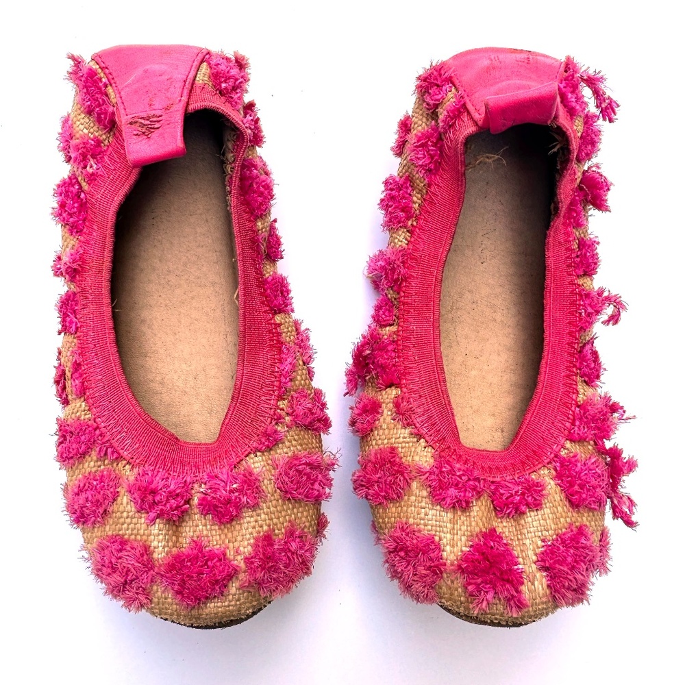 Yosi Samra Girls Sammie Ballet Flats Tan and Hot Pink Fringe Size 8/9 Girls